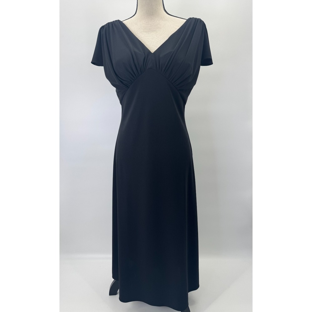 VTG Whimsigoth Y2K Bahari Group Black Babydoll Midi Dress 10 V-Neck Split Sleeve